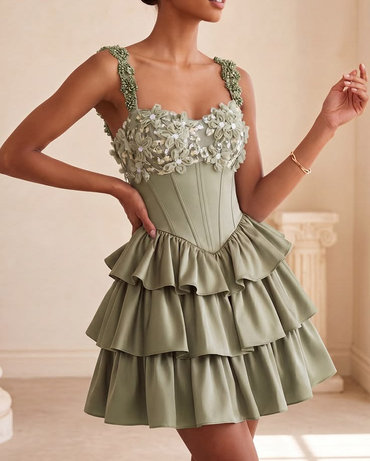 Cute 3D Floral Beaded Straps Tiered Ruffle Satin A-Line Cocktail Party Homecoming Dress TP5937
