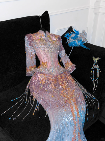 Fashion Sparkling Beaded Sequin Mermaid Elegant Chiffon Evening Dress Prom Dresses TP4157