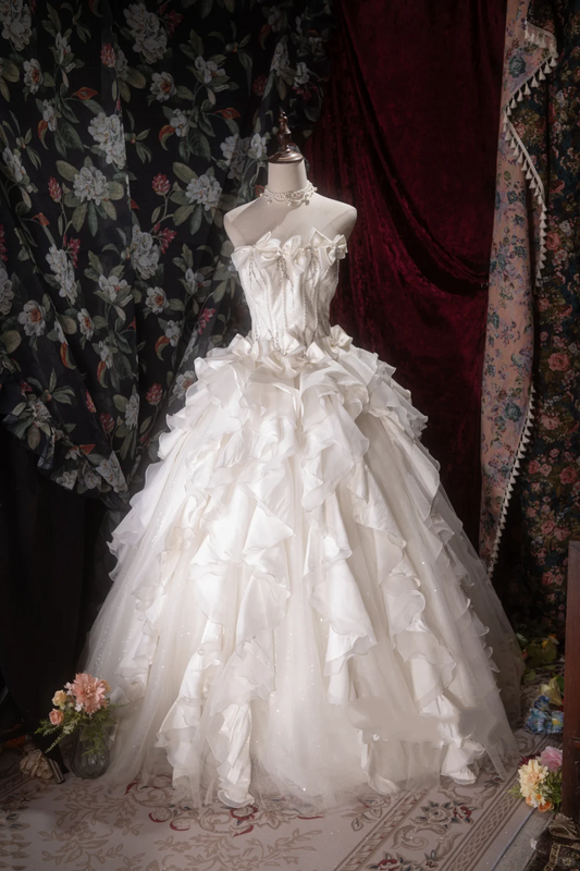 Vintage Strapless Ivory Ruffled Wedding Dress Satin Tulle Bridal Gown TP5790