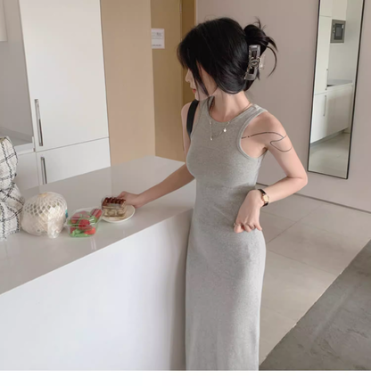 Simple Women Fashion Gray Black Halter Dress TP2988
