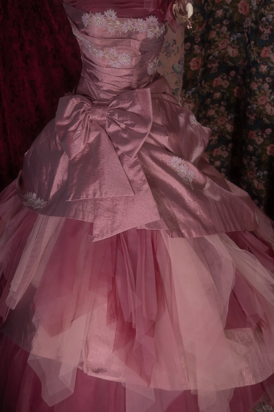 Gorgeous Pink Strapless Tiered Tulle & Satin Floral Ball Gown TP5788
