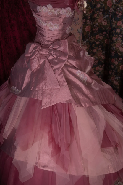 Gorgeous Pink Strapless Tiered Tulle & Satin Floral Ball Gown TP5788