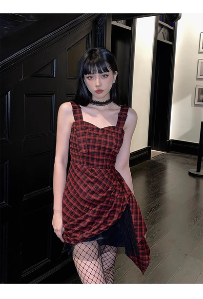 New Fashion Design Sense Red & Black Plaid Spaghetti Strap Dress TP2922