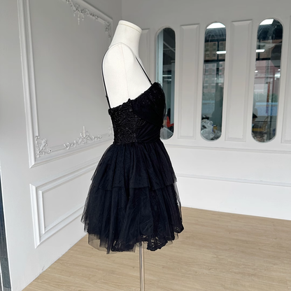 New Fashion Black Design A-line Sleeveless Spaghetti Strap Puffy Dress TP3292
