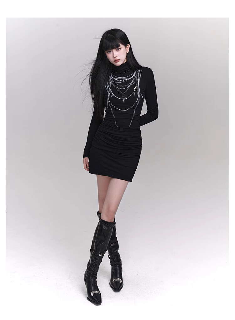 New fashion Dress Chain Design Black Turtleneck Knitted Base Long-sleeved Dress TP2940