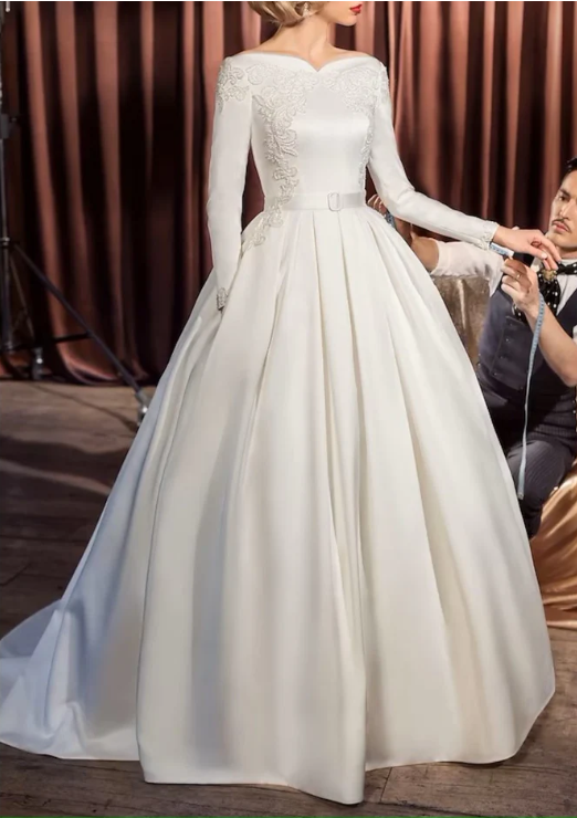 Elegant Ivory Embroidery Long-sleeve A-Line Satin Long Wedding Dress TP4825