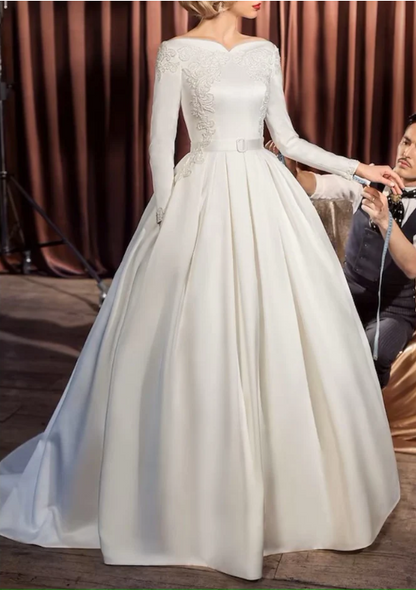 Elegant Ivory Embroidery Long-sleeve A-Line Satin Long Wedding Dress TP4825