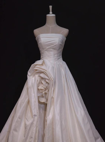 Chic Light Pink Satin Strapless A-Line High Slit Evening Gown Prom Dress TP5260