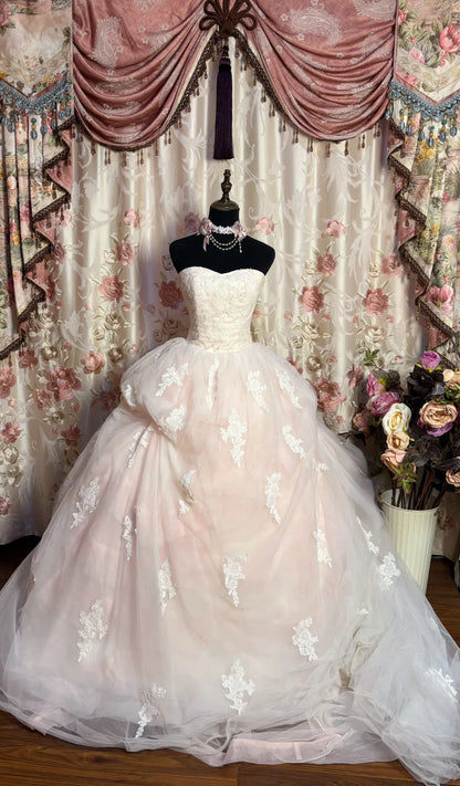 Retro Light Pink Sweetheart Applique Strapless Tulle Sweet 16 Quinceanera A-Line Evening Dress Ball Gown TP4285