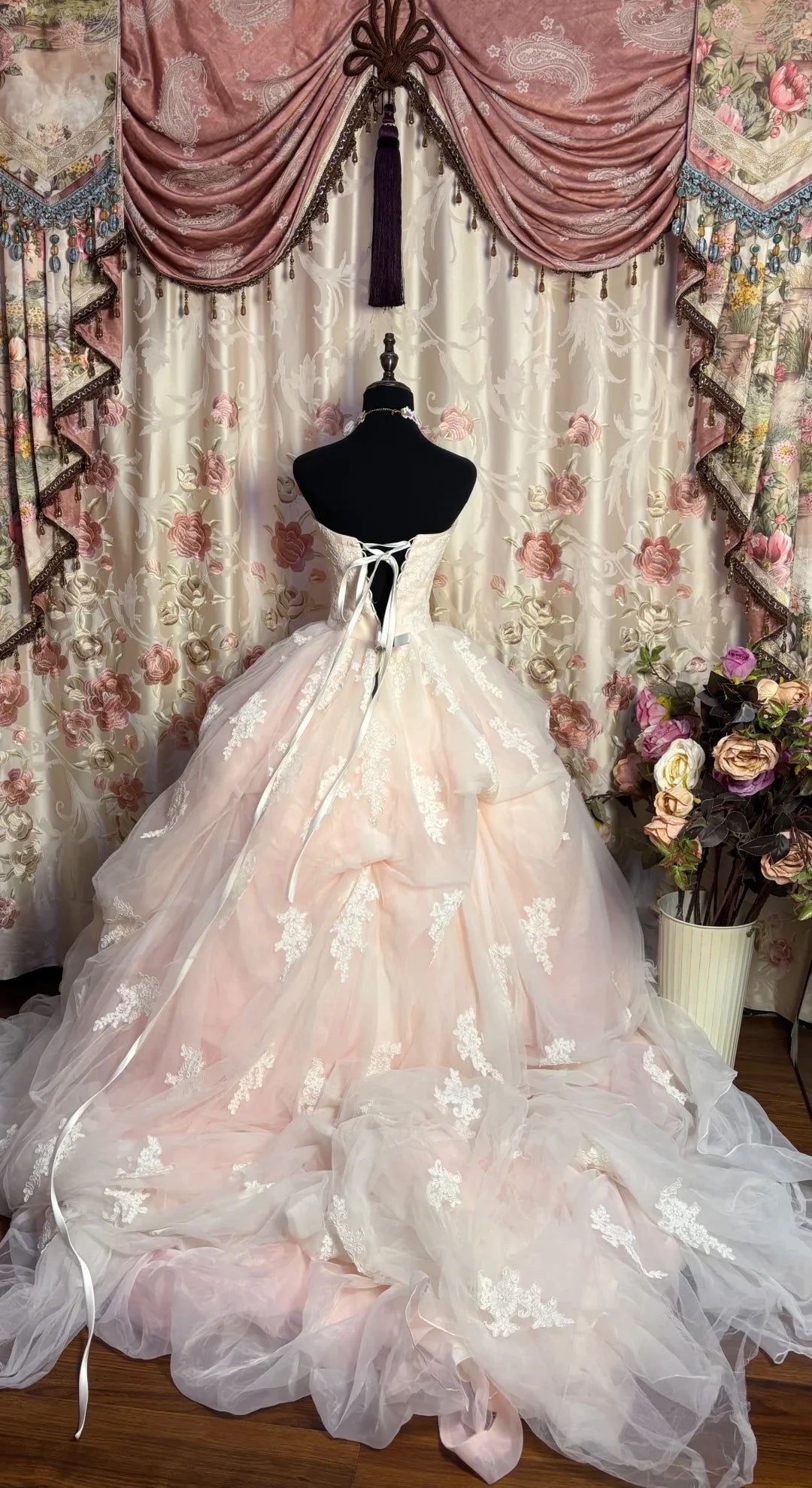 Retro Light Pink Sweetheart Applique Strapless Tulle Sweet 16 Quinceanera A-Line Evening Dress Ball Gown TP4285