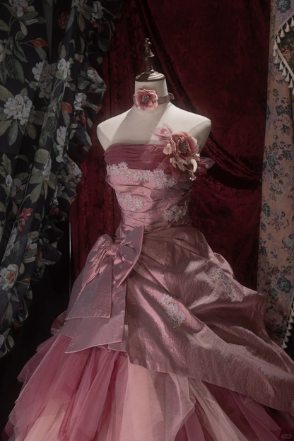 Gorgeous Pink Strapless Tiered Tulle & Satin Floral Ball Gown TP5788