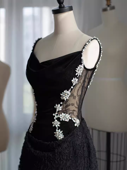 Glamorous Black Lace & Velvet Rhinestone Floral Spaghetti Strap Cowl Neck Evening Gown TP5289