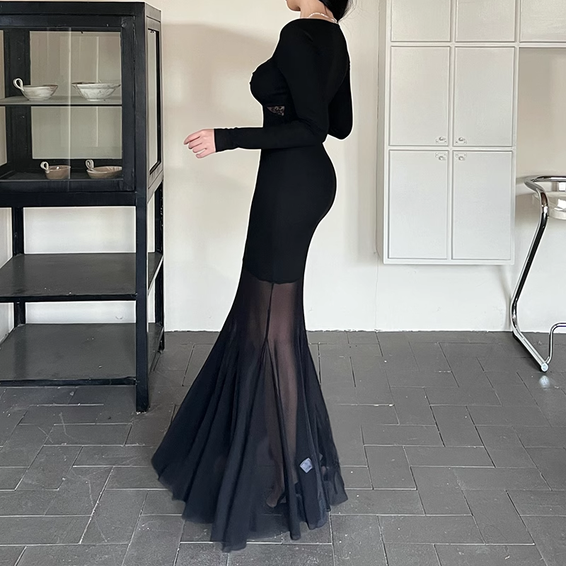 Women Simple Elegant Black Mesh Long-sleeved Dress TP2904