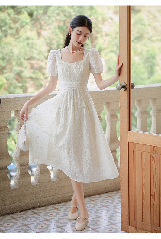 New Simple Fashion Short Puffy Sleeves Floral Design A-Line Dress TP3041