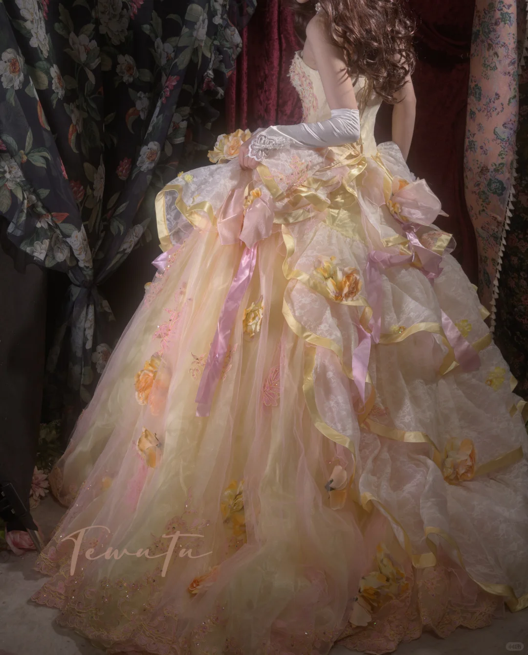 Vintage-Inspired Cream & Pink Tiered Strapless Beaded Floral Appliqués Ball Gown TP5796