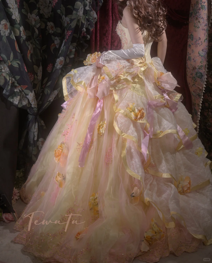 Vintage-Inspired Cream & Pink Tiered Strapless Beaded Floral Appliqués Ball Gown TP5796
