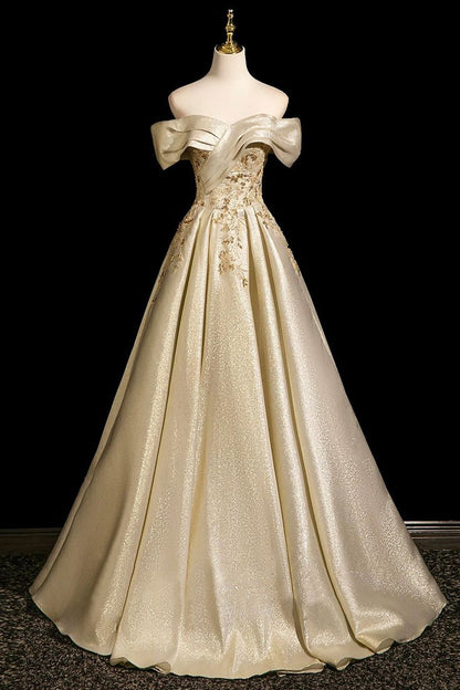 Elegant Champagne Gold Off-Shoulder Satin Beaded Embroidery Quinceanera Ball Gown TP5256