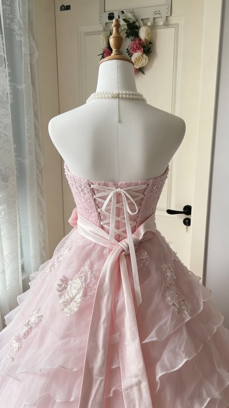 Vintage Pink Strapless Tiered Bow Sparkly Lace  Sweet 15 Quinceanera Ball Gown TP5756