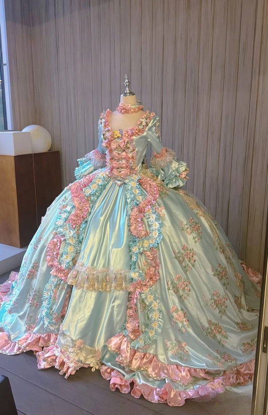 Vintage Floral Embroidery Satin Sweet 16 Quinceanera A-Line Evening Dress Long Ball Gown TP5016