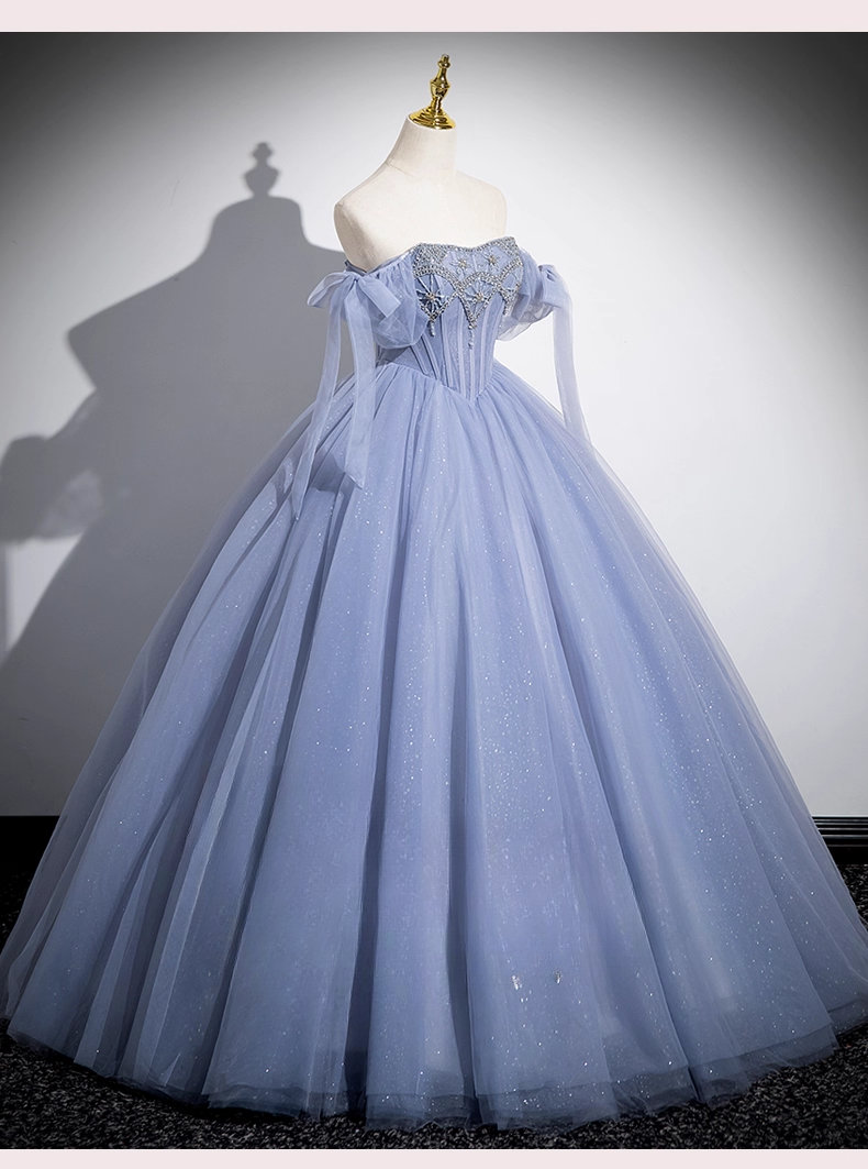 Vintage Dusty Blue Tulle Beaded Puff Sleeves A-Line Quinceanera Ball Gown TP5197