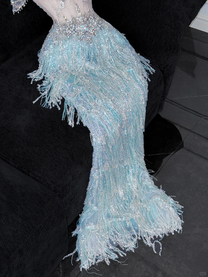 Shiny Light Blue Beaded Sequined Design Mermaid Prom Dress Evening Dress TP4218