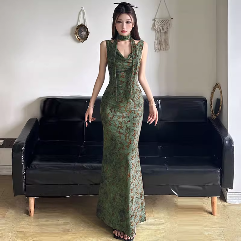 Vintage Green Floral V-neck Mermaid Summer Dresses Prom Dress Evening Dress TP4340
