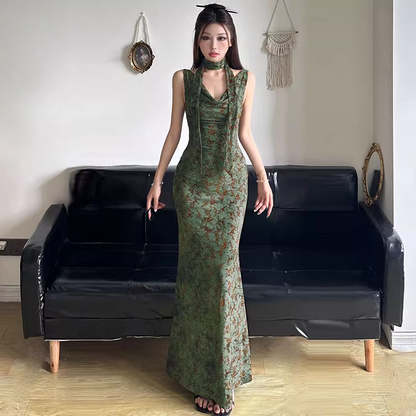 Vintage Green Floral V-neck Mermaid Summer Dresses Prom Dress Evening Dress TP4340