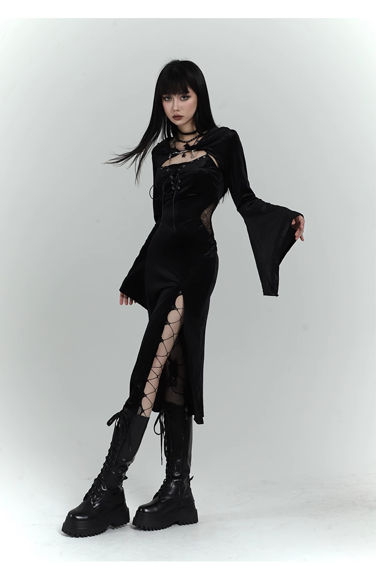 Chic Retro Goth Black Velvet Shawl Spaghetti Strap Dress TP2913