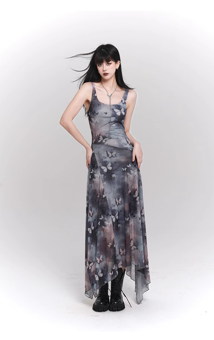 Simple Fashion Butterfly Pattern Design Sense Spaghetti Strap Dress TP2930