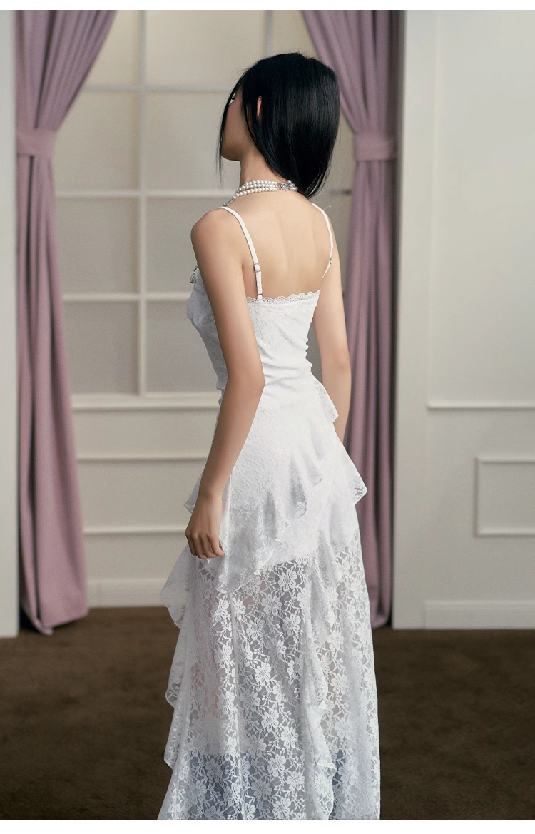 Simple White Irregular Ruffled Hem Design A-line Sleeveless Spaghetti Strap Dress TP3298