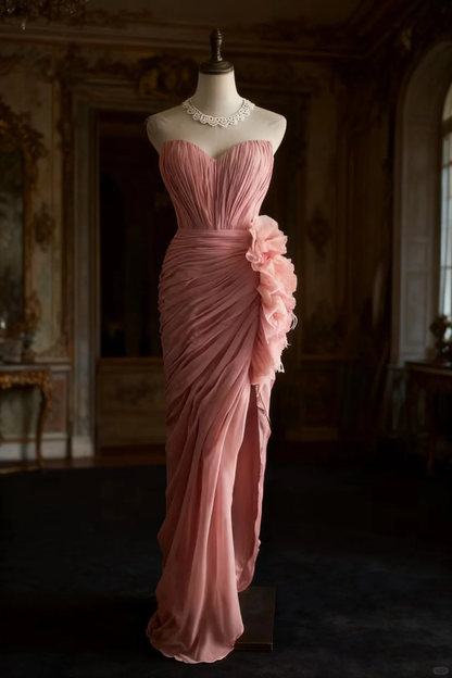 Vintage Pink Strapless Chiffon Gown Ruffled Prom Dress TP5648