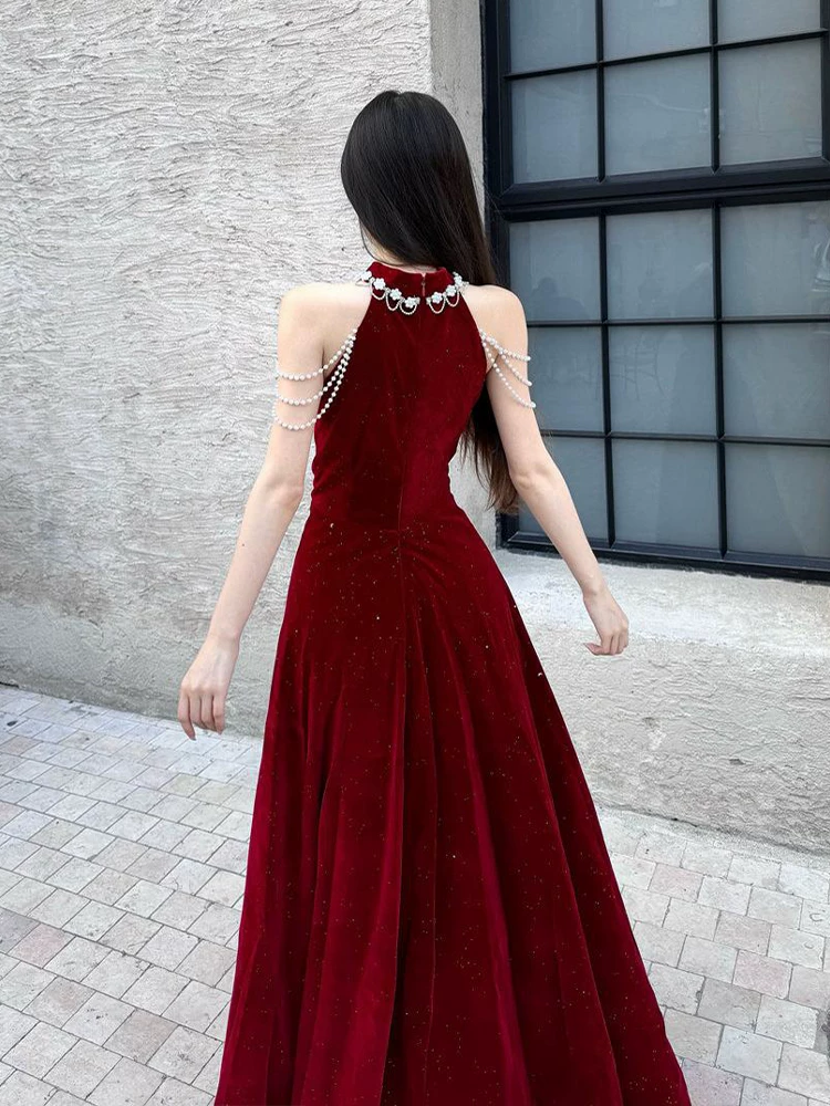 Elegant Burgundy Sparkle Velvet Halter-Neck Pearl Tassel Cold Shoulder A-Line Prom Dress TP6097