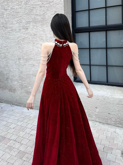 Elegant Burgundy Sparkle Velvet Halter-Neck Pearl Tassel Cold Shoulder A-Line Prom Dress TP6097