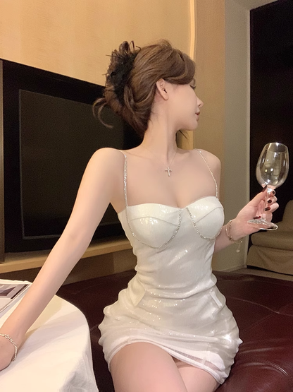 Fashion Beige Sequin Tight Design A-line Spaghetti Strap Homecoming Dress TP3688