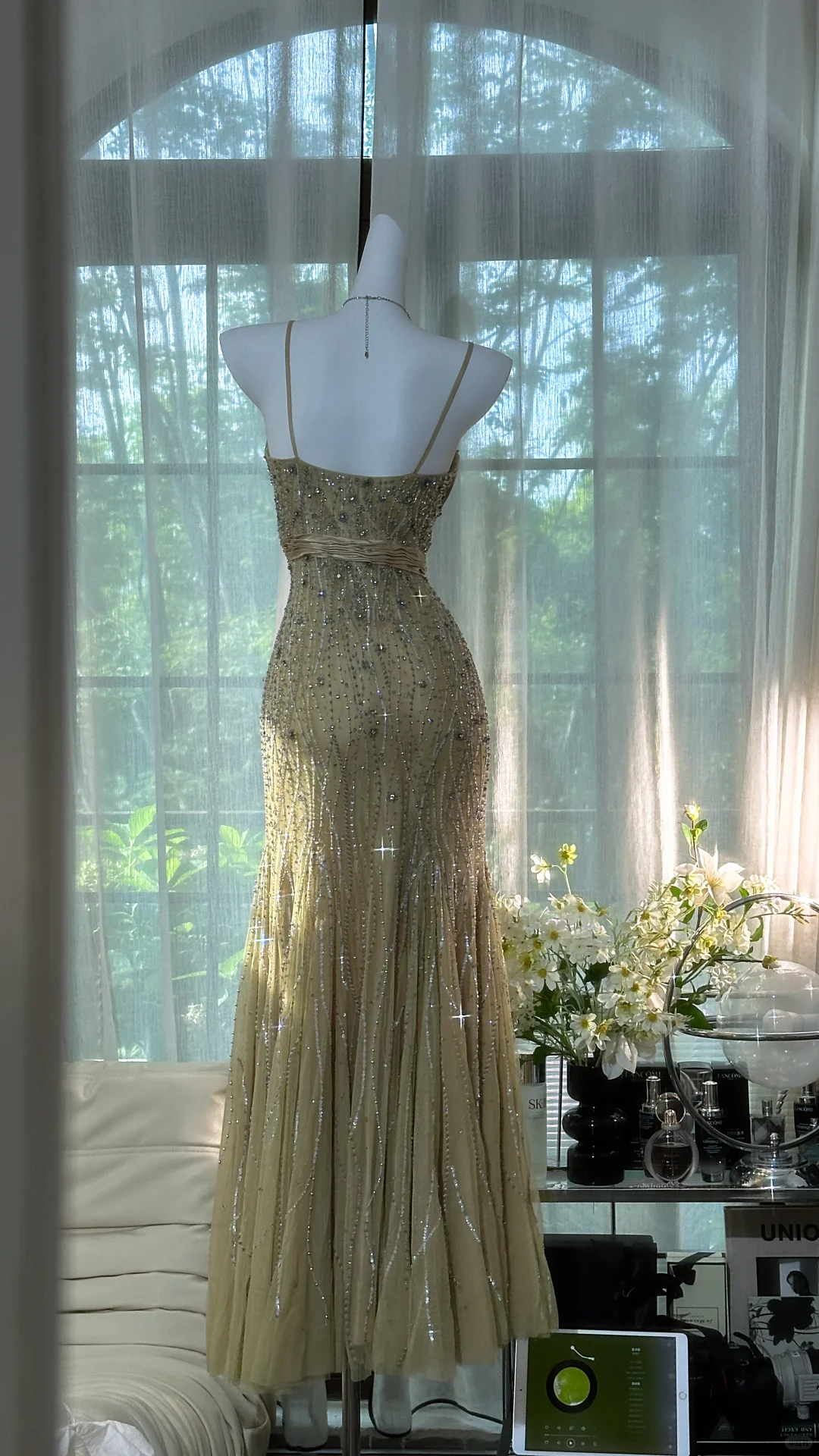 Vintage Shiny Light Green Spaghetti Strap Elegant Design A-line Beaded Romantic Chiffon Evening Dress Prom Dress TP4005