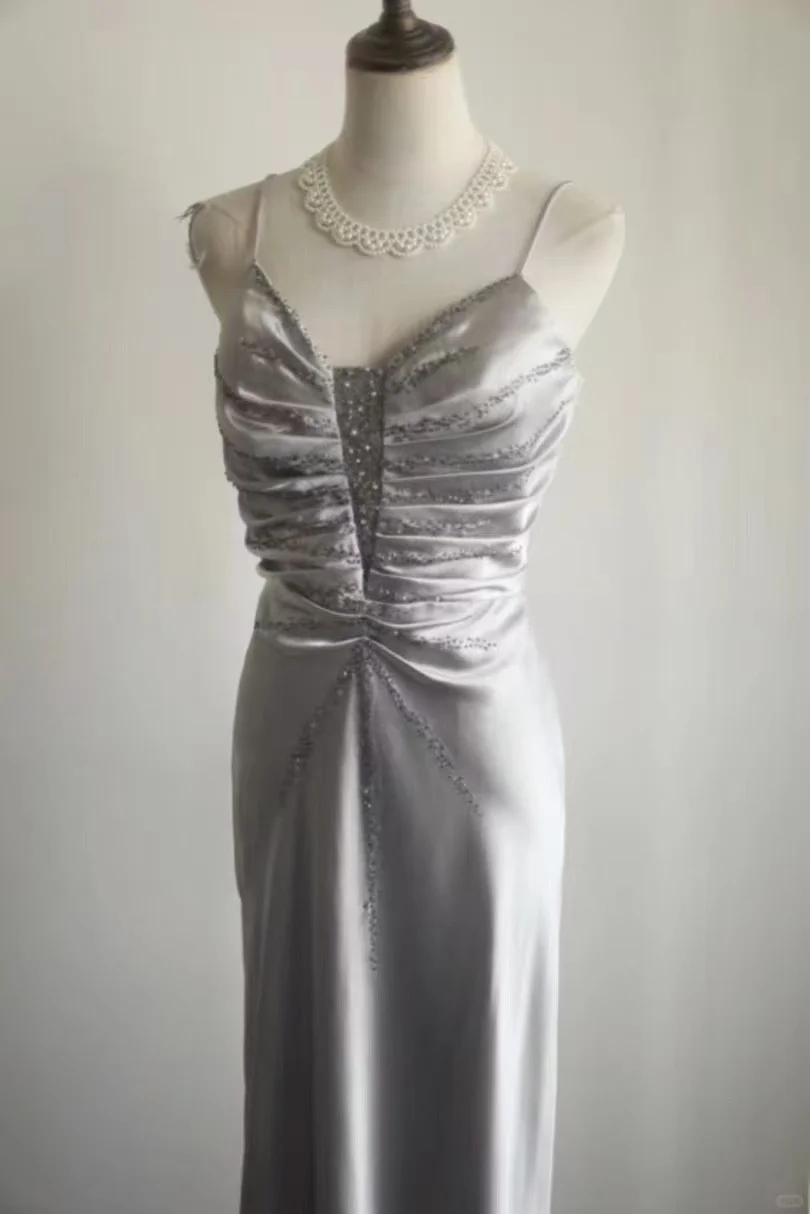 Elegant Spaghetti Strap Grey Mermaid Evening Gown Beaded Ruched Prom Dress TP5640