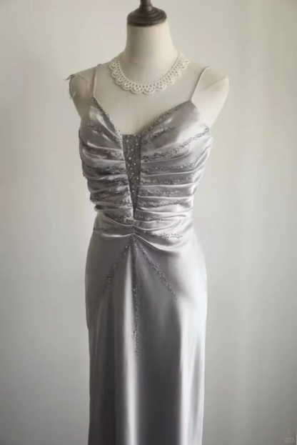 Elegant Spaghetti Strap Grey Mermaid Evening Gown Beaded Ruched Prom Dress TP5640