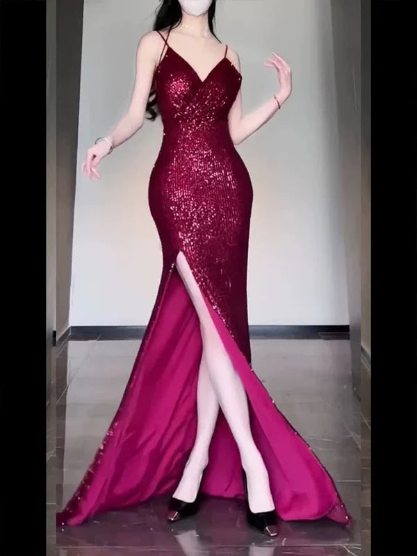 Glamorous Fuchsia Sequin V-Neck Sheath High Slit Evening Gown TP5442