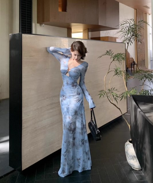 Vintage Blue Floral Design A-line Long-sleeved Dress TP3613