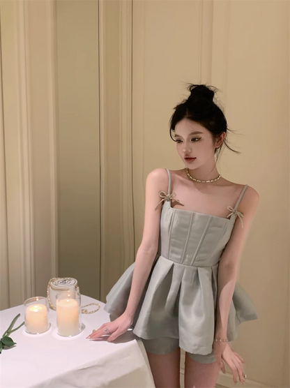 Cute Fashion Gray Spaghetti Strap Design A-line Satin Party Dress Homecoming Dress TP3817