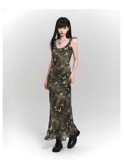 Vintage Butterfly Green Mesh Spaghetti Strap Dress TP2911