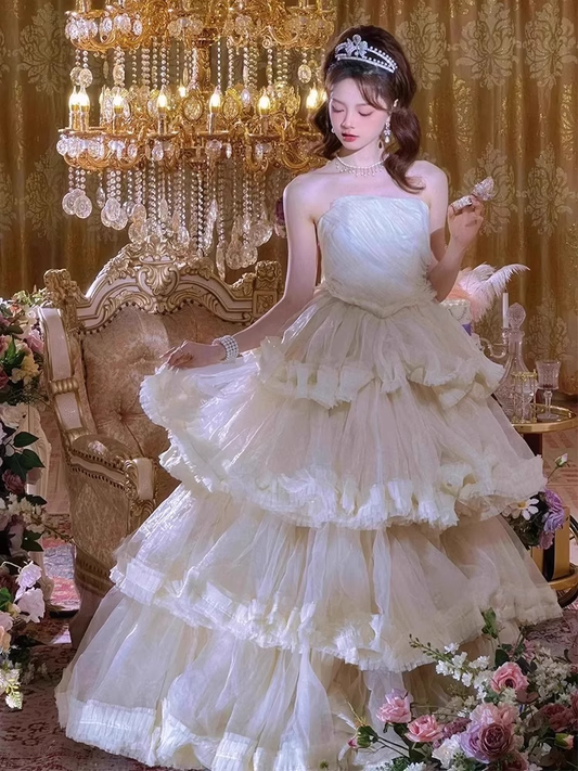 Elegant White Strapless Tiered Sweet 16 Quinceanera A-Line Tulle Evening Dress Ball Gown TP4919