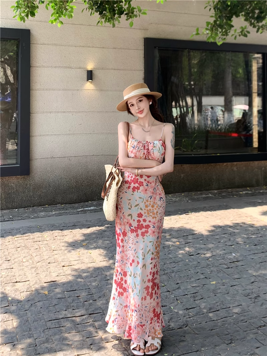 Vintage Fashion Floral Design Elegant Mermaid A-line Spaghetti Strap Dress TP3355