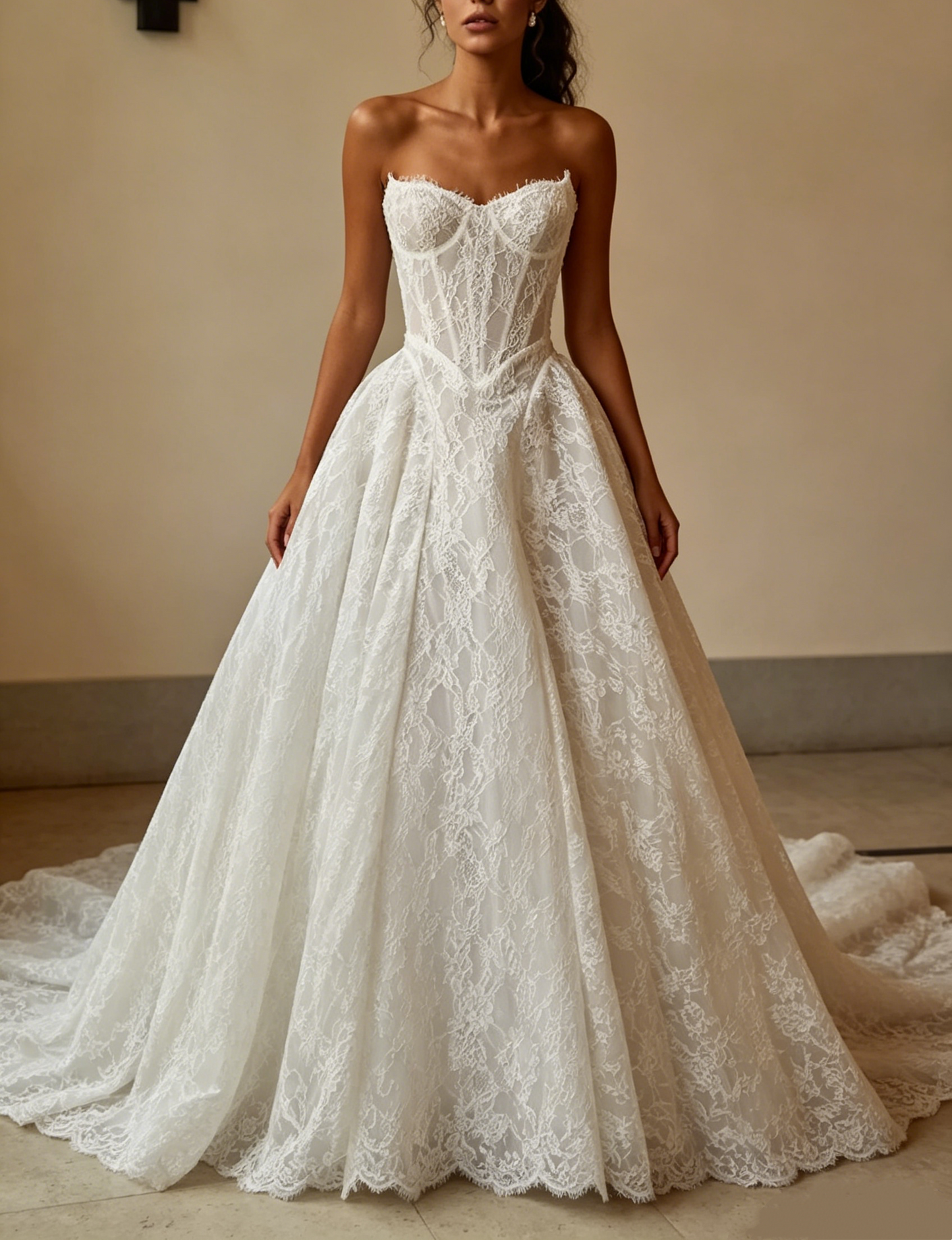 Classic Ivory Strapless Sweetheart Corset Bodice Floral Lace A-Line Wedding Dress TP5918