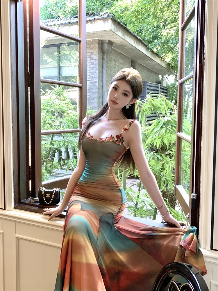 New Fashion Elegant Colorful Design Mermaid Spaghetti Strap Dress TP3004