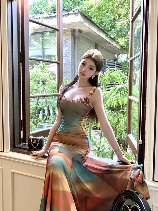 New Fashion Elegant Colorful Design Mermaid Spaghetti Strap Dress TP3004