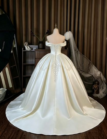 Elegant Ivory Satin Off-the-Shoulder Embroidery Beaded Long Train A-Line Wedding Dress TP5975