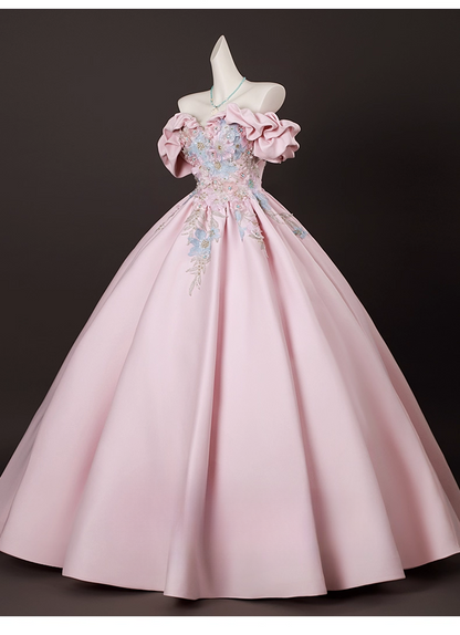 Elegant Pink Satin Applique Sweet 16 Quinceanera A-Line Off-the-shoulder Evening Dress Long Ball Gown TP4936