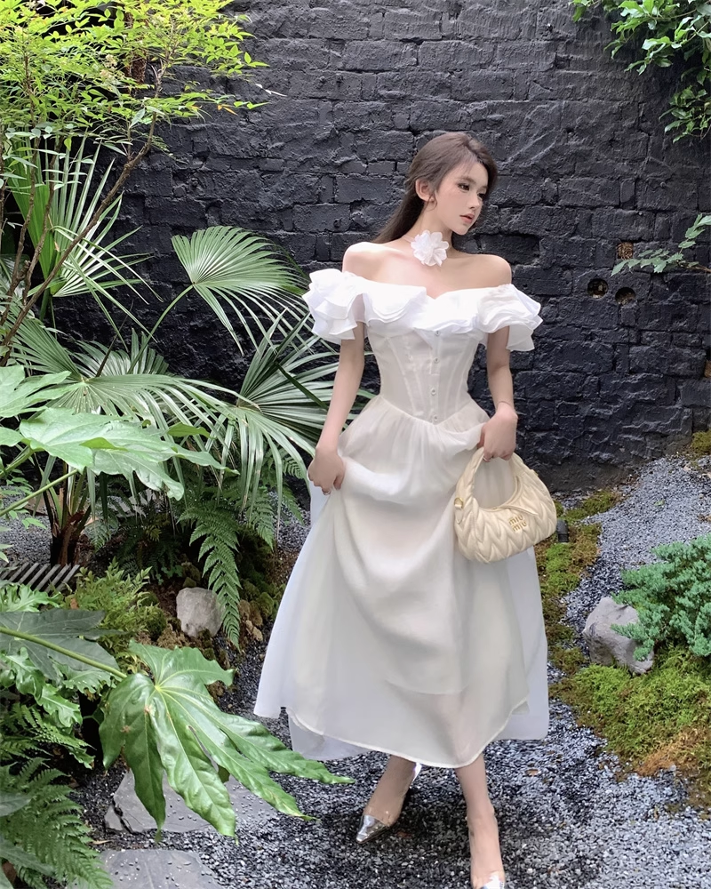 New Simple Ruffled Design White A-Line Floral Dress TP3143