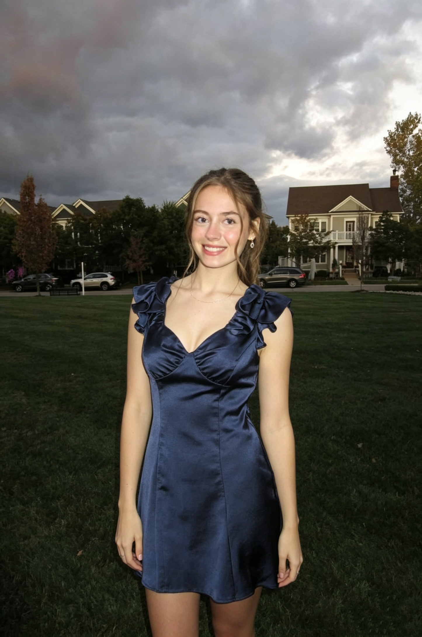 Vintage Navy Blue Satin V-Neck Ruffle Cap Sleeve A-Line Mini Homecoming Dress TP6005